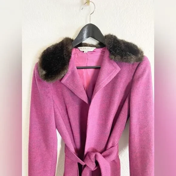 Trina Turk coat with fur trim collar in fuchsia purple 6